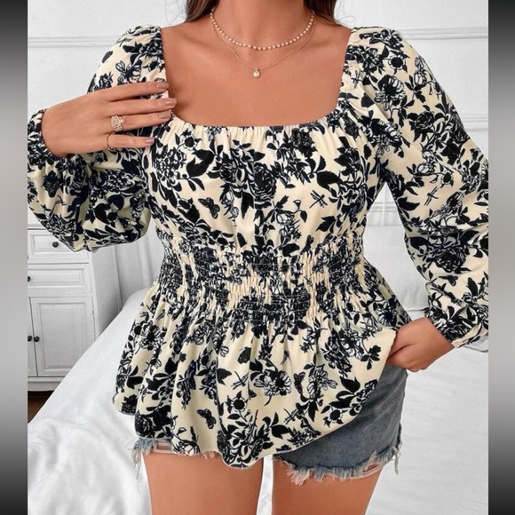 Boho black floral print square lantern sleeve blouse - Picture 4 of 15